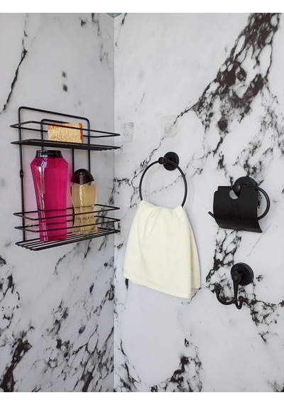 Yapışkanlı 2 Katlı Banyo Rafı,yuvarlak Havluluk,tuvalet Kağıtlığı, Bornozluk Siyah