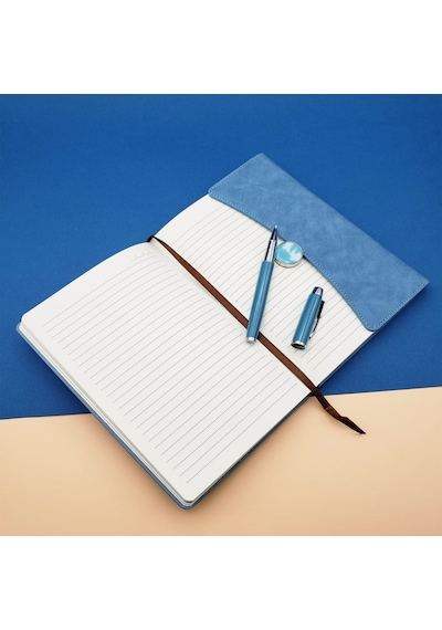 Kişiye Özel Özel Kutulu Deri Defter Ve Roller Kalem Seti Mavi