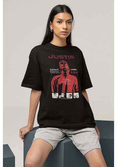 Tasarım Şarkıcı Justin Bieber Baskılı Unisex Oversize Tişört Siyah