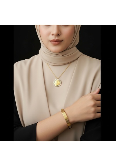 Taşlı Allah Yazılı Kolye Ve Ayetel Kürsi Bileklik Seti Gold Çelik İslami Takı Altın