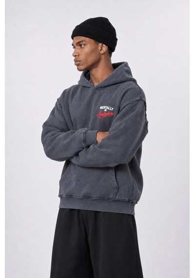 Respire Erkek Pis Dikiş Detaylı Yıkamalı Oversize Hoodie Füme