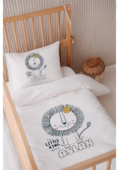%100 Pamuk Saten Isme Özel Isimli 100x150 Bebek Yatak Nevresim Seti Çizgi Aslan