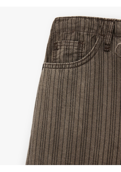 Koton Pamuklu Rahat Kalıp Beli Bağcıklı Çizgili Pantolon - Loose Straight Fit Jean Kahverengi Çizgili 6sal40148mw