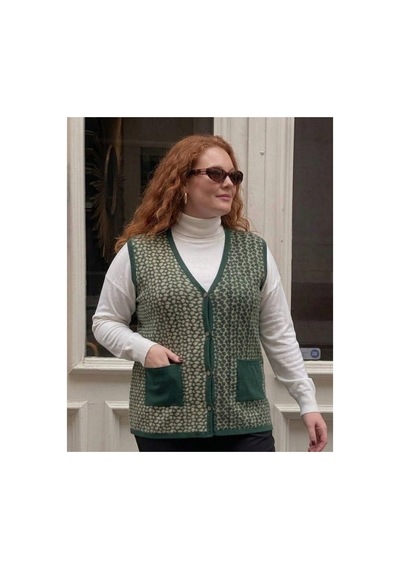 Onno Style Women Büyük Beden Çelik Örgü Klasik Leopar Desen Triko Kadın Yelek Yeşil