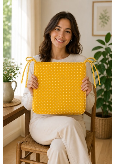 Comfort 2 Adet Sandalye Minderi Bağcıklı Özel Dikişli Süngerli Pamuklu Kumaş Sandalye Minderi Puanlı Sarı