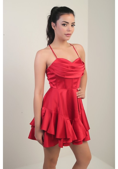 By Saygı Kadın İp Askılı Arkadan Bağlamalı Balenli Eteği Katlı Astarlı Saten Kısa Elbise Kırmızı By Saygı Kadın İp Askılı Arkadan Bağlamalı Balenli Eteği Katlı Astarlı Saten Kısa Elbise Kırmızı