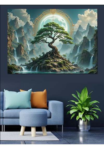 Dağlar Arasında Bonsai Ağacı Dekoratif Kanvas - Mdf Ahşap Tablo