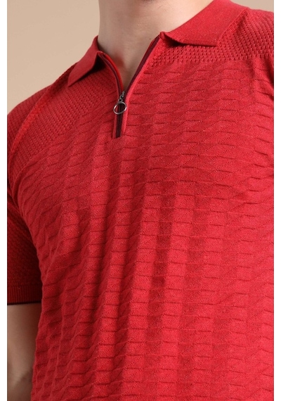Ferraro Kırmızı Polo Yaka Fermuarlı Erkek Pamuk Triko T-Shirt-Kırmızı