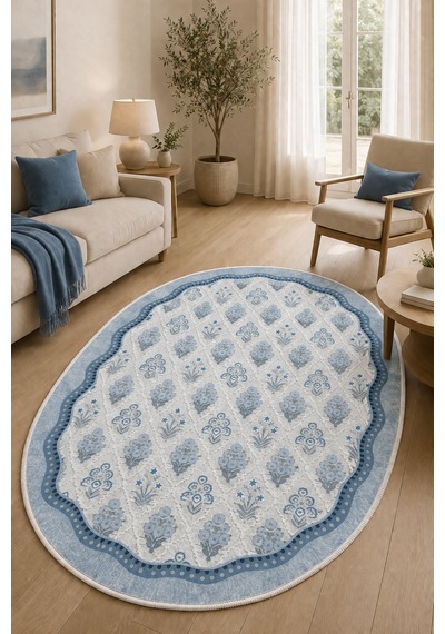 Floral Desen Çerçeveli Oval Baskılı Kaymaz Yıkanabilir Salon Oturma Odası Mutfak Antre Halısı Mavi