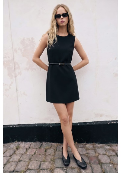Sateen Kemerli Mini Elbise - Siyah-137569
