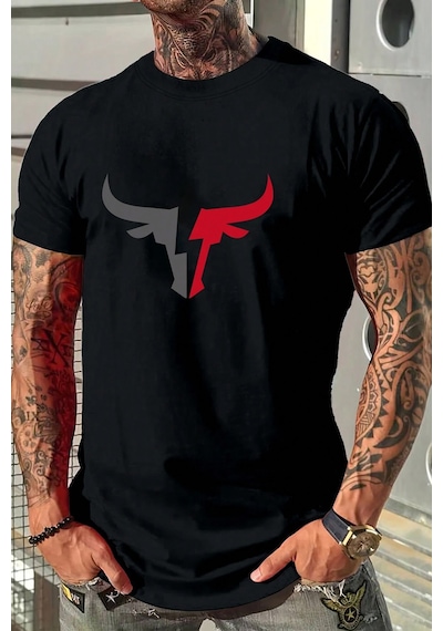 Erkek Boğa Silüet Baskılı Oversize Tshirt Siyah