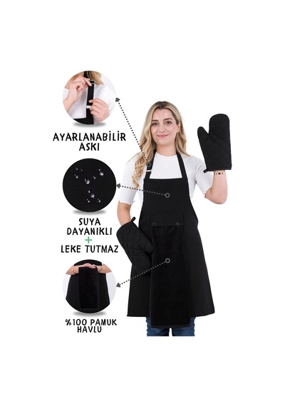 Star Ayar Askılı Havlulu 4lü Mutfak Önlüğü Seti 2 Eldiven Siyah-siyah-siyah