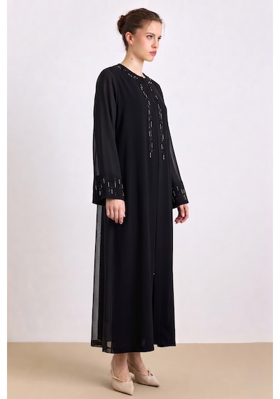 Olcay Taş Ve Tül Detaylı Abaya Takım Siyah 9450-tk