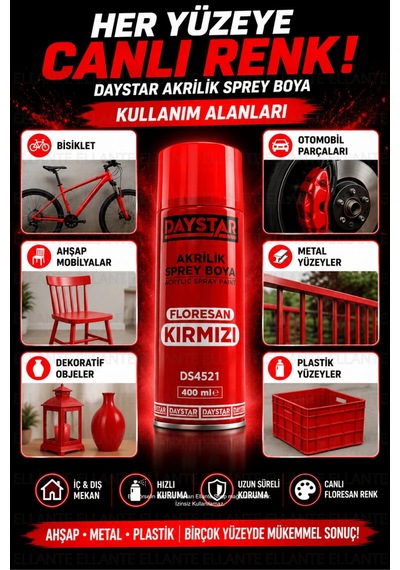 Daystar Floresan Kırmızı Akrilik Sprey Boya 400 Ml Hızlı Kuruyan Çok Amaçlı Metal, Ahşap, Plastik Çok Renkli