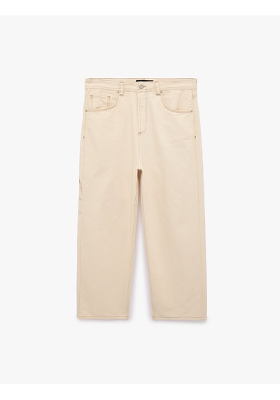 Koton Normal Bel Pamuklu Cepli Rahat Kalıp Barrel Fit Jean Pantolon Ekru 7wam40154nd