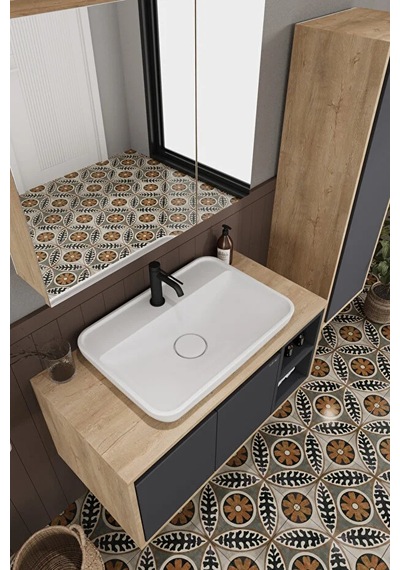 Lale 90 Cm %100 Mdf Lavabolu Banyo Dolabı + Boy Dolabı Antrasit