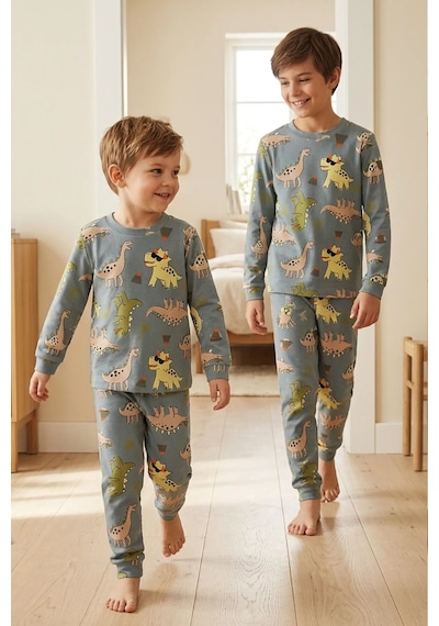 Zuzunga Dinozor Desenli Erkek Çocuk Pijama Takımı Gri