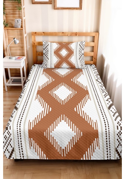 Bohem Geometrik Kahverengi Genç Odası Tek Kişilik Pike Takımı-etnik 160x220 Cm Kapitone Yatak Örtüsü Kumlu Sepet Ufku