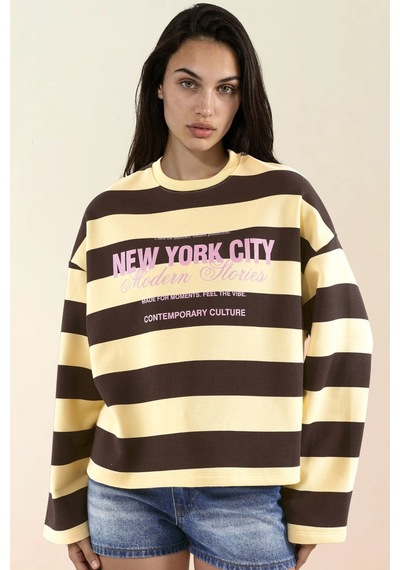 Hiccup %100 Pamuk Oversize Çizgili Sweatshirt Kahverengi