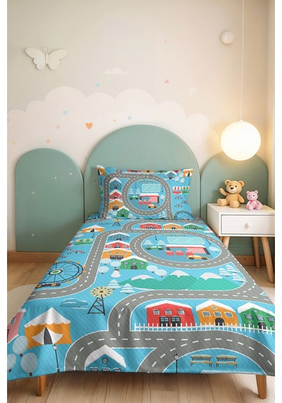 Evimde Bambaşka Şehir Yolu Mavi Erkek Çocuk Odası Tek Kişilik Pike Takımı - Renkli Yollar 160x220 CM Yatak Örtüsü Evimde Bambaşka Şehir Yolu Mavi Erkek Çocuk Odası Tek Kişilik Pike Takımı - Renkli Yollar 160x220 CM Yatak Örtüsü