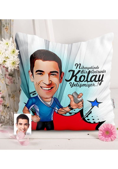 Kişiye Özel Bay Antrenör Karikatürlü Saten Yastık - 1