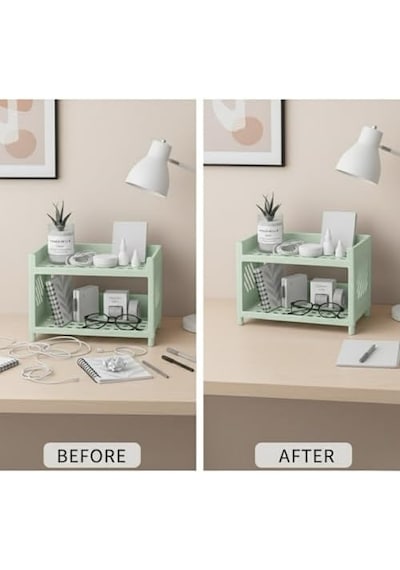 Çok Amaçlı 2 Katlı Organizer Raf Açık Yeşil Plastik Düzenleyici Stand Banyo, Mutfak, Masaüstü Ve Ofis İçin 25 X 18 Cm