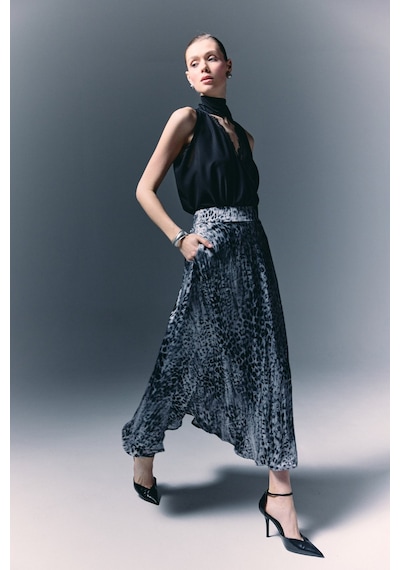 Sateen Leopar Desenli Uzun Etek - Siyah-136781 Siyah