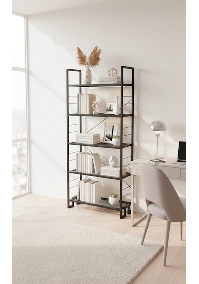 Dekoratif Siyah Metal Kitaplık 5 Raflı Çok Amaçlı Stand Salon Ve Çalışma Odası Düzenleyici Siyah