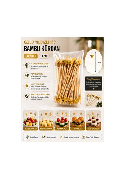 Gold Yıldızlı Bambu Kürdan 9 Cm 50 Adet - 913958414