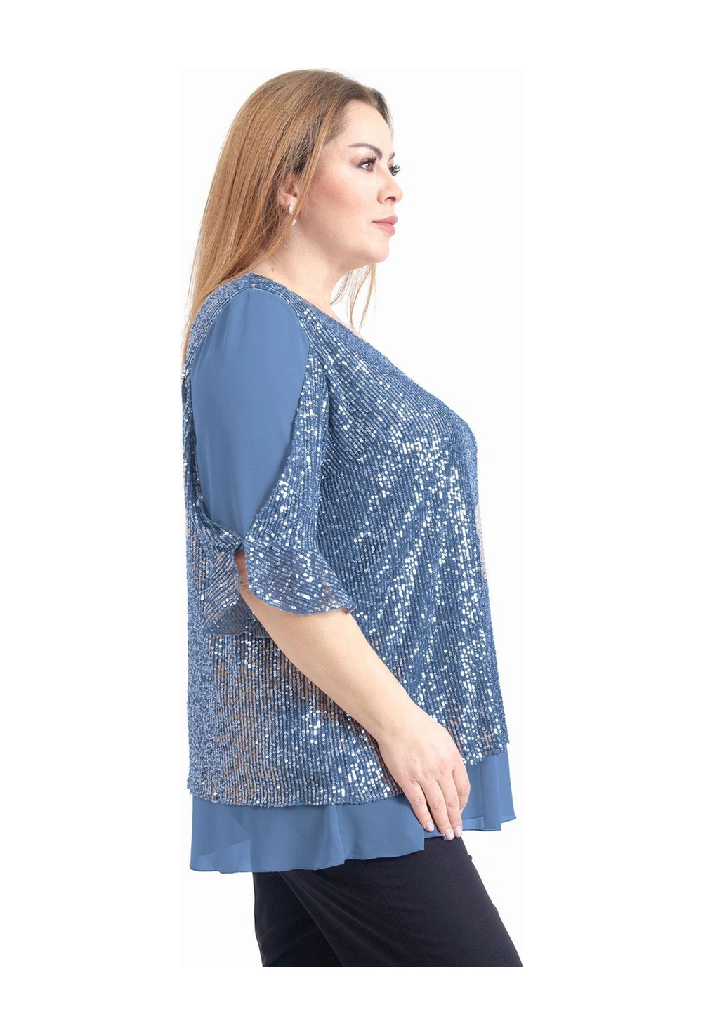 Lilas Xxl Büyük Beden İndigo Renkli Pul Payetli Şifon Bluz İndigo
