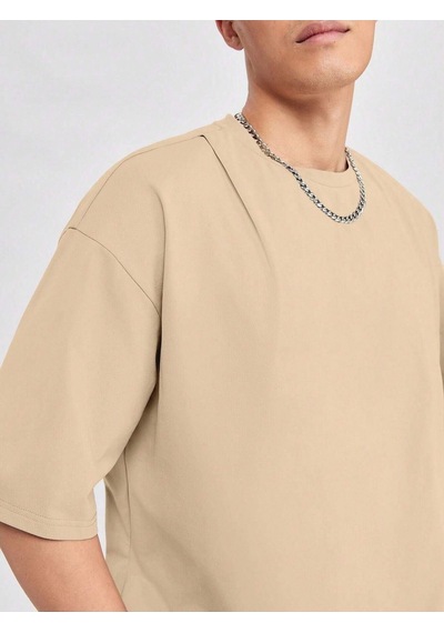 Basic Süprem T-shirt - Bej Oversize Bisiklet Yaka Tişört Bej-78258