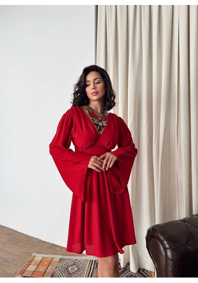 Rabia Çelik Sırtı V Dekolteli Ispanyol Uzun Kollu Kırmızı Mini Elbise Kırmızı Kırmızı