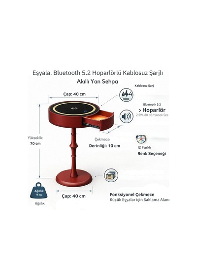 Eşyala. Bt Hoparlörlü, Kablosuz Şarj Özellikli ,akıllı Ahşap Sehpa Kırmızı 70x40 Cm Kırmızı Atlantik Çam