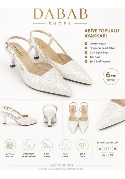 Dabab Shoes Julıe Kadın Beyaz Dantel Dokulu Sivri Burun 5 Cm Topuklu Slingback Ayakkabı