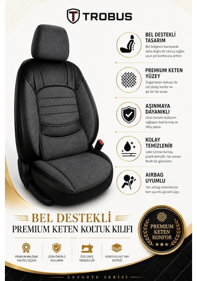 Audi Q5 2010-2017 Uyumlu Levante Serisi 2+1 Ticari Bel Destekli Keten Füme Siyah Koltuk Kılıfı