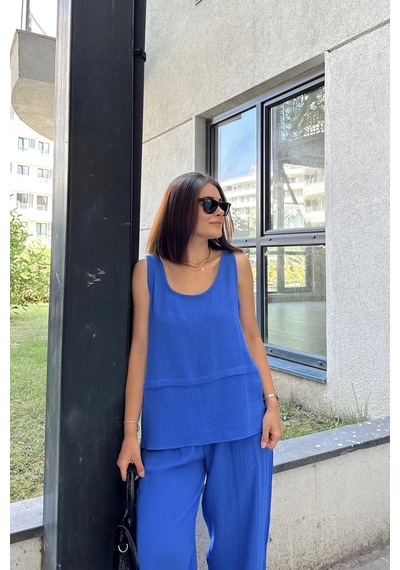WeShaya Saks İthal Müslin Kumaş, Basic, Katlı, Salaş Askılı Bluz & Atlet Saks