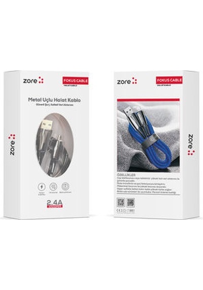 Zore Focus Metal Uçlu Halat Kablo Micro 2.4 A 1 M -> Mavi