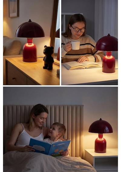 Luna Abajur, Bohem Masa Lambası Ve Salon Oturma Odası Aydınlatması - Bordo - 25 Cm Modern Dekoratif Masa Lambas