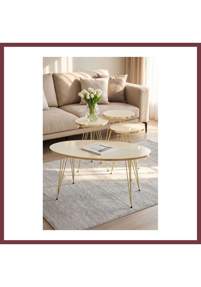 Storeşahin Zigon Sehpa Ve Orta Sehpa Elips Set Gold Krem Tel Shn0720