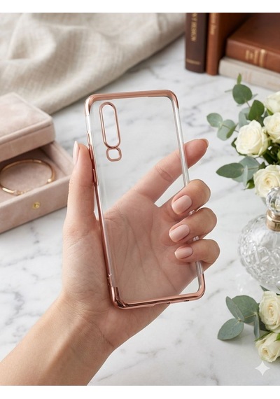 Huawei P30 Kılıf Dört Köşeli Lazer Silikon Kılıf Rose Gold