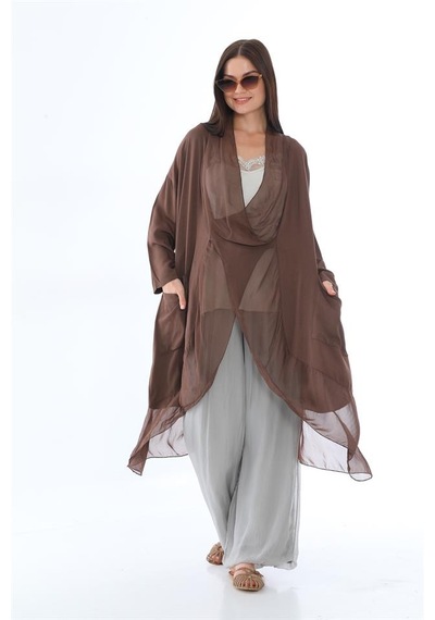 Bohem Stil Italyan Ipek Detaylı Oversize Kaftan & Bluz-8711 Kahverengi