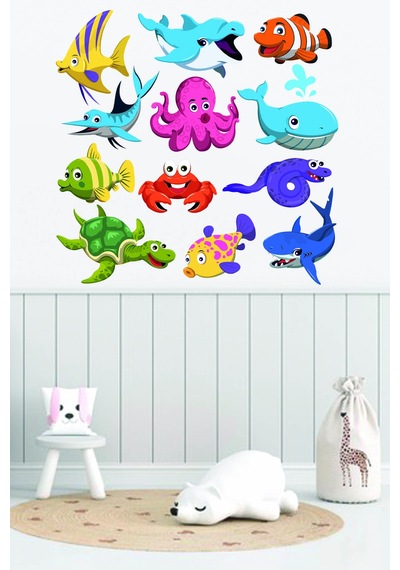 Yengeç Ahtapot Kaplumbağa Sevimli Balıklar Duvar Sticker Seti 95x90 Cm