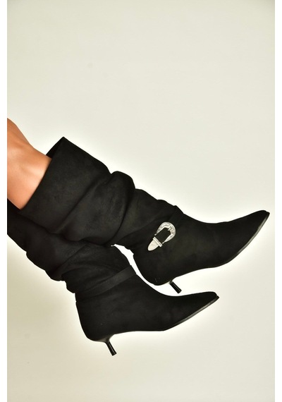 Fox Shoes Z726105702 Siyah Süet İnce Topuklu Büzgülü Kadın Çizme