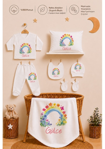 Pia Baby Kız Bebek Hastane Çıkışı Seti 11 Parça %100 Pamuk Kişiye Özel İsim Baskılı 1060113x Ekru