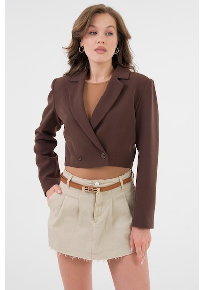 Acı Kahverengi Kruvaze Crop Blazer Ceket Acı Kahverengi