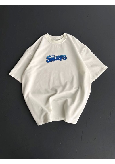 Modi Ön Ve Arka Baskılı Oversize Bisiklet Yaka T-shirt- Beyaz