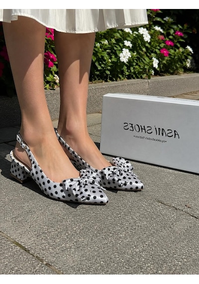 Asmi Shoes Kadın Mina Beyaz Saten Puantiyeli Fiyonk Detaylı Arkası Açık 4 Cm Topuklu Ayakkabı