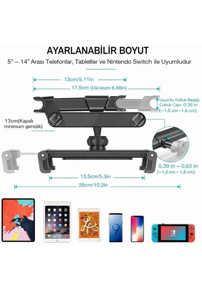 Araç Koltuk Arkası Telefon & Tablet Tutucu 360 Ayarlanabilir 5 14 Apple Uyumlu iPad , Tablet, Nintendo Switch Destekli Siyah