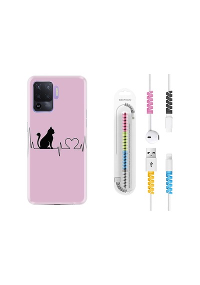 Oppo Reno 5 Lite Kılıf Kablo Koruyuculu Pink Cat Heart 1303