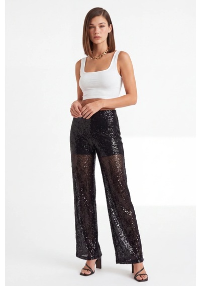 CEMO Siyah Pullu Şeffaf Detaylı Wide Leg Pantolon